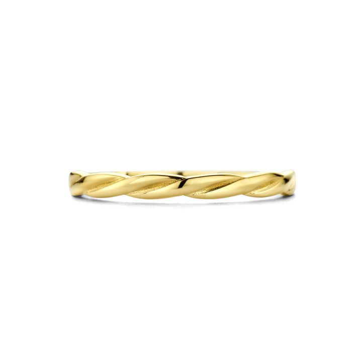 De Van der Kooij Collectie ring gedraaid 14K geelgoud is een dunne, gedraaide damesring in touwstijl, elegant weergegeven tegen een witte achtergrond.