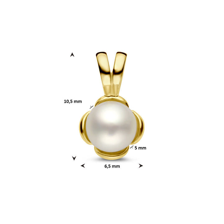 De Van der Kooij Collectie hanger bloem parel 14K geelgoud is een dames sieraad met een ronde witte zoetwaterparel, afmetingen 10,5 x 6,5 x 5 mm en een witte achtergrond.