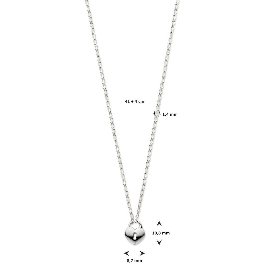 Silver ladies necklace with heart and lock rhodium plated