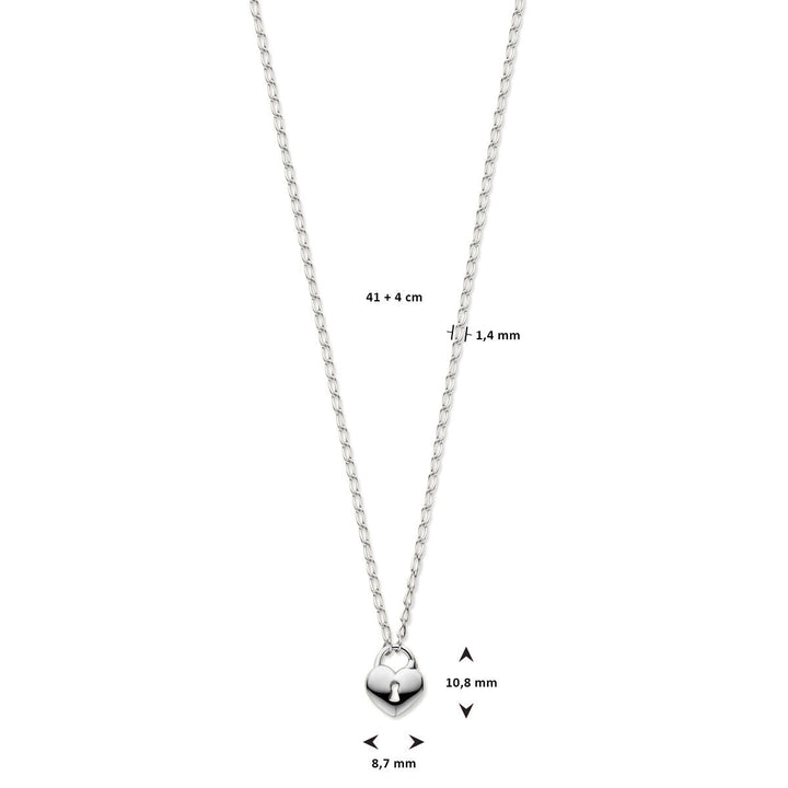 Silver ladies necklace with heart and lock rhodium plated