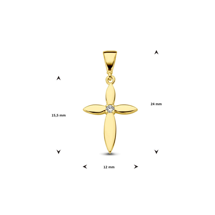 De Van der Kooij Collectie hanger kruis zirkonia 14K geelgoud heeft bloemvormige armen, een zirkonia in het midden, en meet 24 x 12 mm. Een tijdloos uniseks sieraad, perfect voor elke gelegenheid.