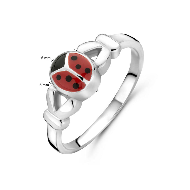 De Van der Kooij Collectie ring lieveheersbeestje zilver wit heeft een 6x5 mm wit en zilveren lieveheersbeestje ontwerp op een zilveren band met knoopdetails, fijn bewerkt met emaille voor een charmante afwerking.