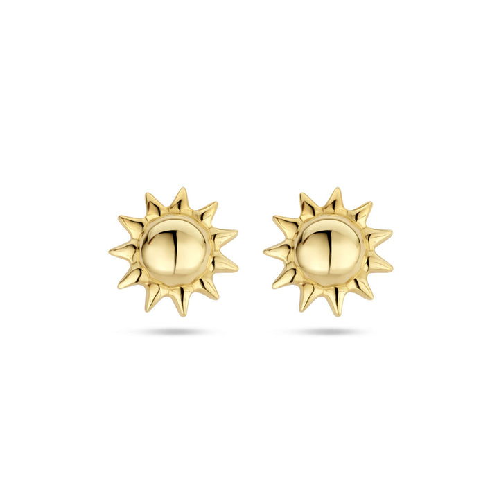 De oorknoppen zon 14K geelgoud van de Van der Kooij Collectie zijn stijlvolle stud oorbellen met ronde centra en stralende punten, perfect voor dames die gouden zonnestralen willen dragen.