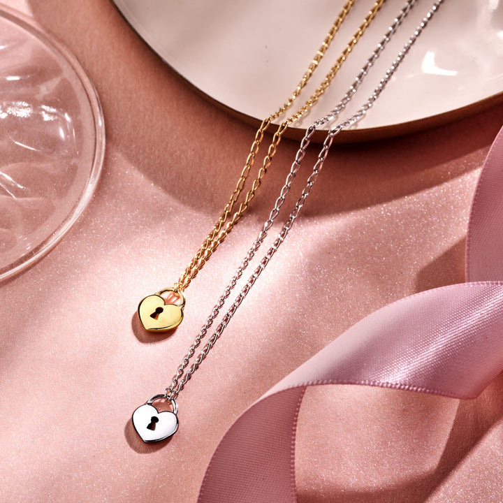 Silver ladies necklace with heart and lock rhodium plated