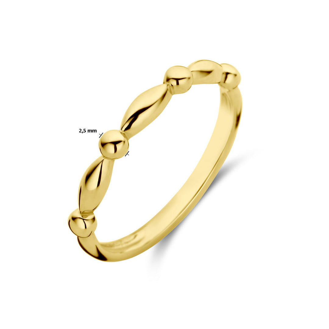 De Van der Kooij Collectie ring 14K geelgoud is een delicate damesring met afwisselend kleine ronde en ovale kraalachtige motieven, weergegeven op een witte achtergrond met een maataanduiding van 2,5 mm.