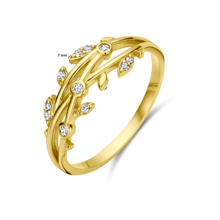 De Van der Kooij Collectie ring zirkonia 14K geelgoud heeft een bladrank ontwerp met zirkonia gezet in de bladeren langs de band. De decoratieve top is 7 mm breed.