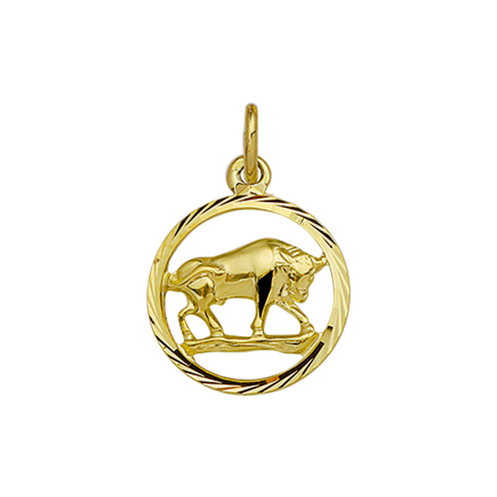 Van der Kooij Collectie hanger sterrenbeeld gediamanteerd 14K geelgoud: uniseks hanger met een stier in cirkelvormige omlijsting en diamantgeslepen rand-een eigentijds Taurus sieraad dat kracht symboliseert.