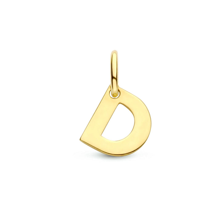 Een 14K geelgouden hanger in de vorm van een hoofdletter D, met een lusje voor aan een ketting, uit de Van der Kooij Collectie letterhangers, op een witte achtergrond.