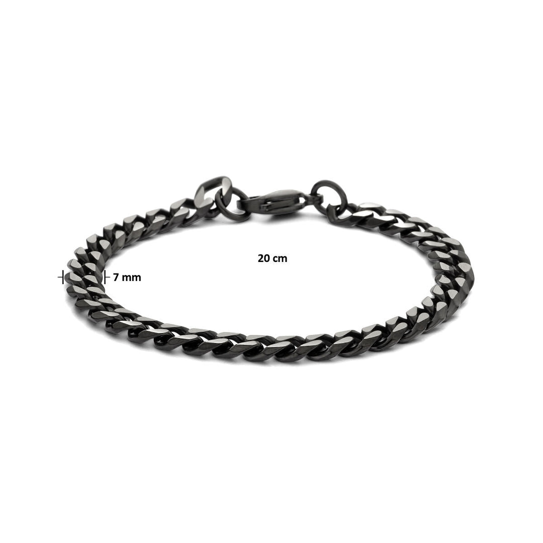 De Van der Kooij Collectie Gourmette 7,0 mm ion plating edelstaal armband in zwart metaal (20 cm x 7 mm), voorzien van een karabijnsluiting, is stijlvol weergegeven op een witte achtergrond - ideaal als armband voor heren.