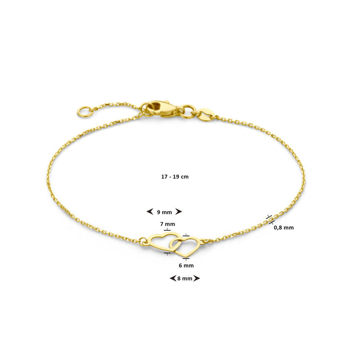 De Gouden armband dames hartjes 14K van Van der Kooij Collectie heeft twee in elkaar grijpende hartjes, is 17-19 cm lang en staat duidelijk met millimeters afgebeeld - ideaal als Valentijnsdag cadeau.