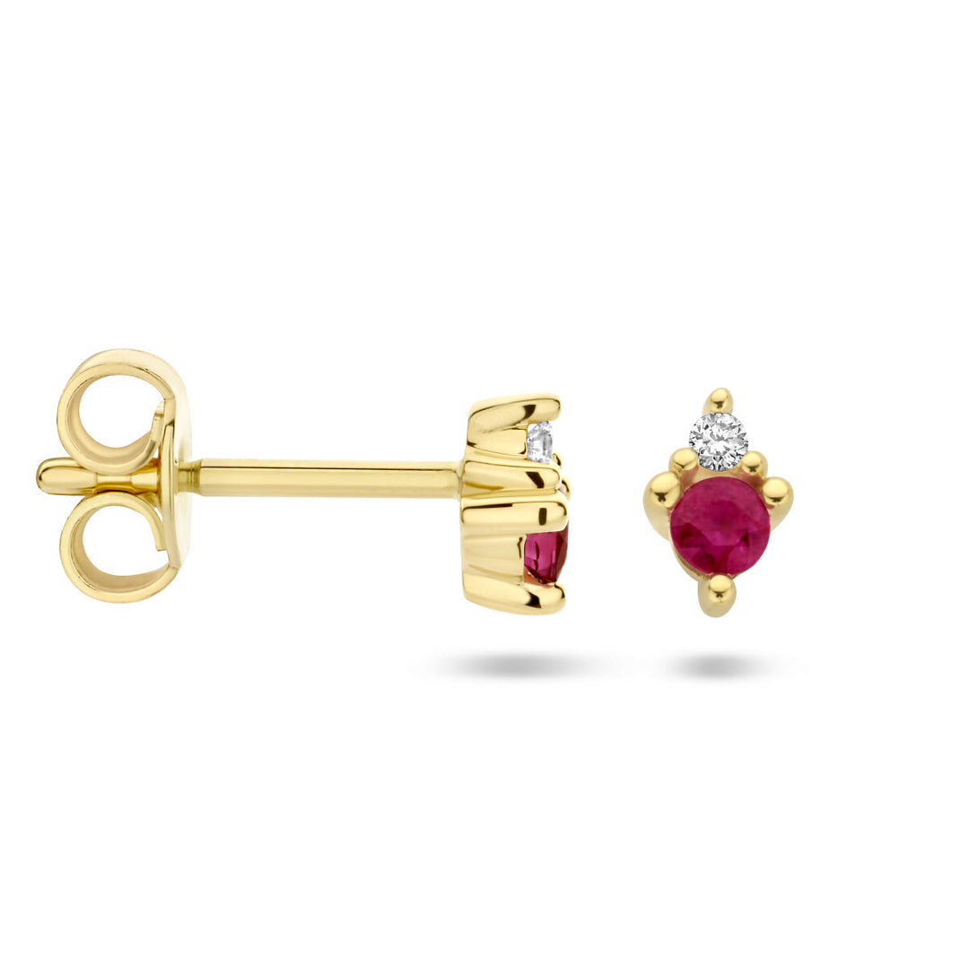 ear studs ruby ​​and diamond 0.02ct (2x 0.01ct) h p1 14K yellow gold
