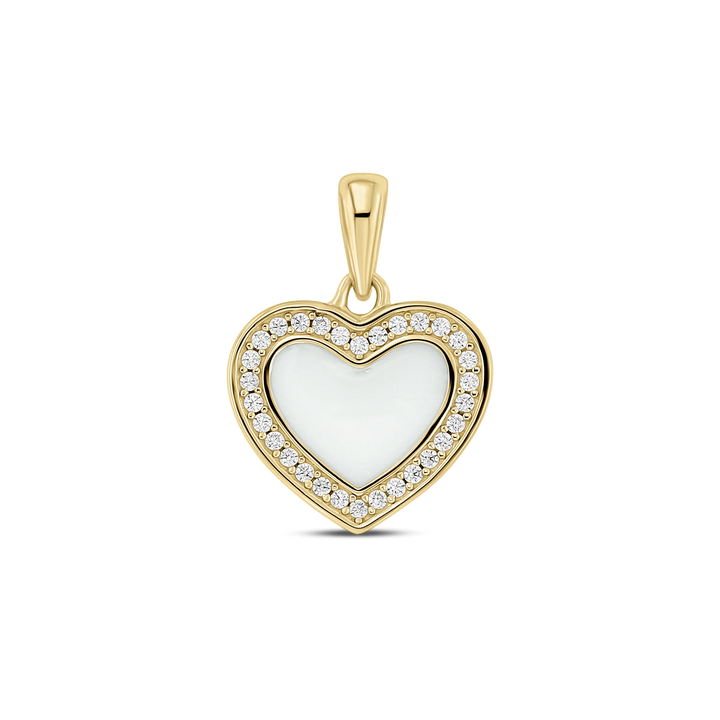 De Demi | AsHanger massief | Zirkonia van Juwelier van der Kooij is een gouden, hartvormige ashanger vervaardigd uit 14 karaats goud met een parelmoeren kern, omringd door zirkonia stenen en afgewerkt met een gouden oogje om aan een ketting te bevestigen.