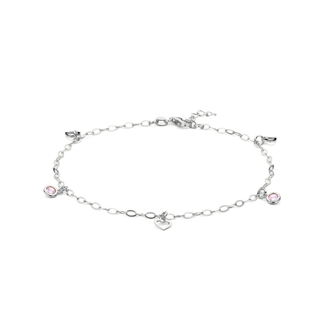 silver anklet heart and pink zirconia 24 + 2 cm