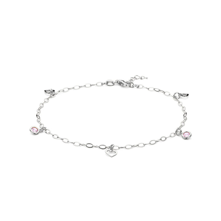 silver anklet heart and pink zirconia 24 + 2 cm