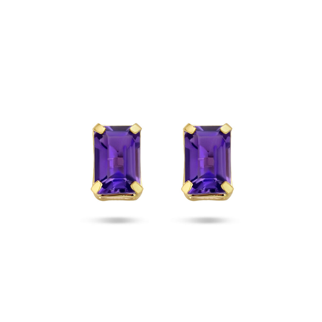 De Van der Kooij Collectie oorknoppen amethist 14K geelgoud zijn stijlvolle, rechthoekige stud oorbellen met smaragdgeslepen amethist in geelgouden zetting, prachtig gepresenteerd op een witte achtergrond.
