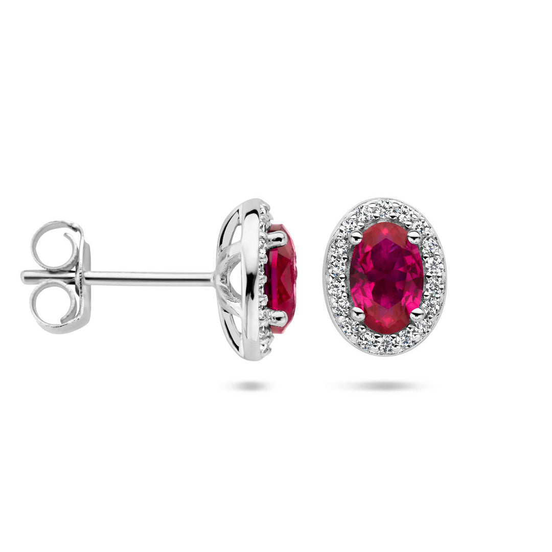 ear studs red and white zirconia halo silver rhodium plated