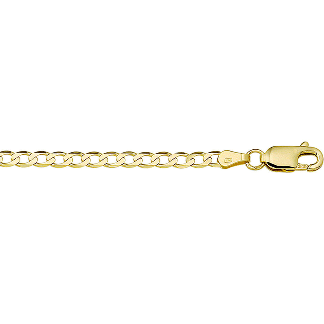 Een close-up van de Van der Kooij Collectie gourmette 6-zijdes geslepen 3,3 mm 14K geelgoud armband met karabijnsluiting, tegen een witte achtergrond.