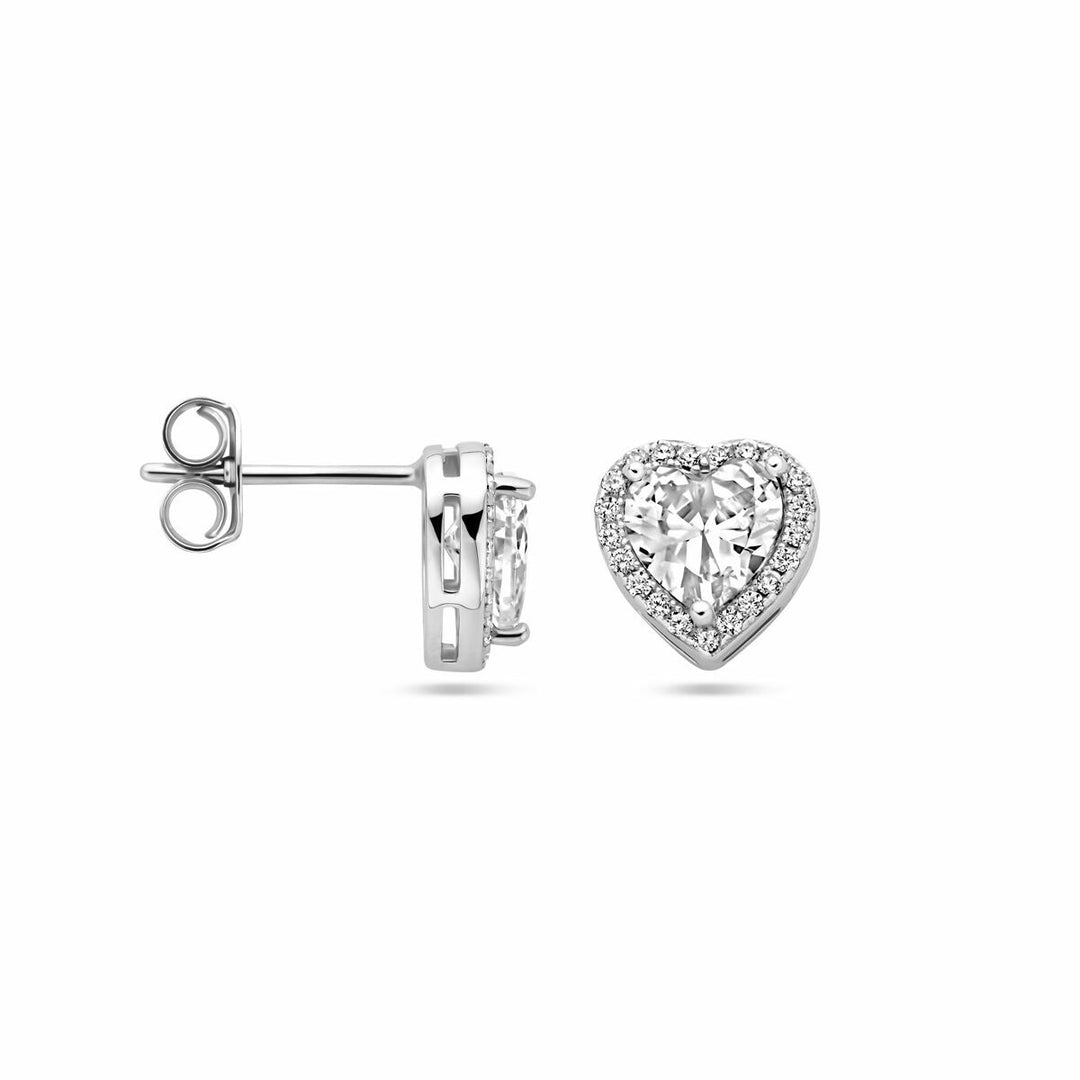 ear studs heart zirconia halo silver rhodium plated