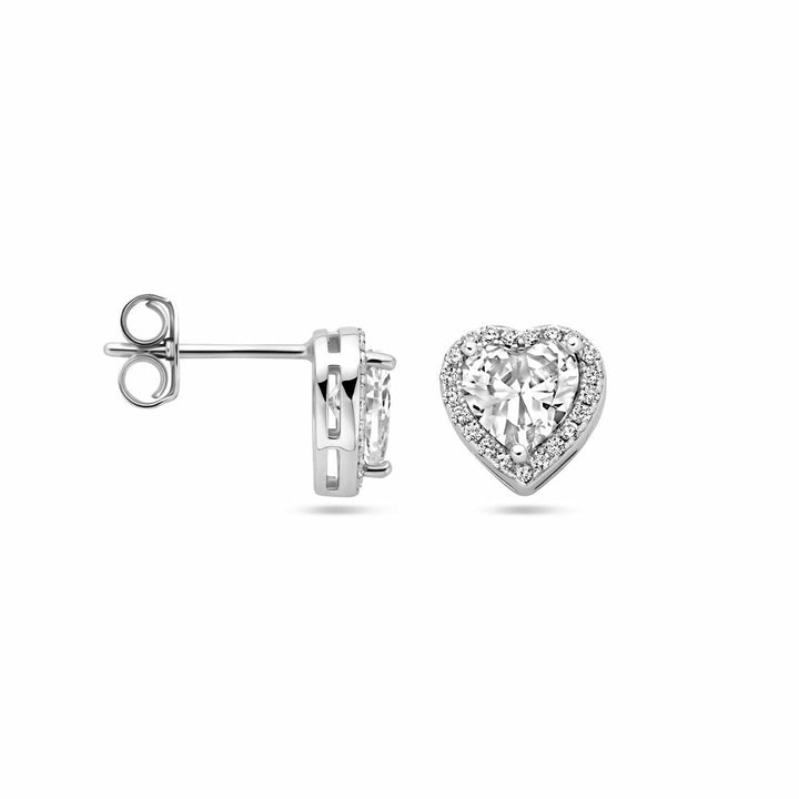 ear studs heart zirconia halo silver rhodium plated