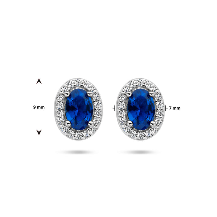 ear studs blue and white zirconia halo silver rhodium plated