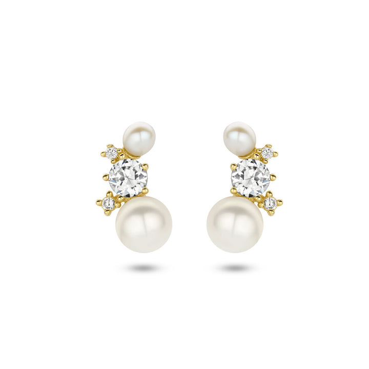 ear studs pearl and zirconia 14K yellow gold