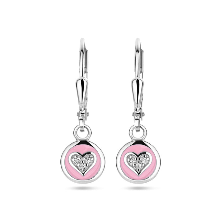 earrings heart zirconia and pink enamel brisur hook silver rhodium plated