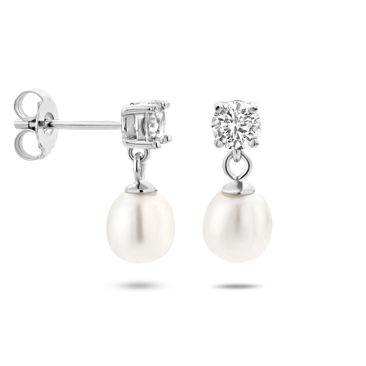 zirconia and pearl silver rhodium plated earrings