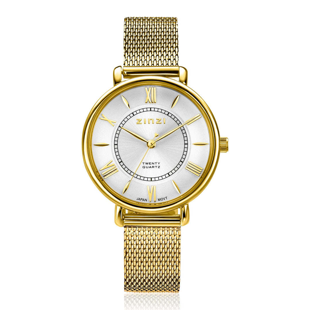 De Zinzi Geelgoudkleurig Horloge Gold Plated Ziw2033 heeft een goudkleurige mesh band, witte wijzerplaat met gouden Romeinse cijfer markers, en toont de Zinzi merknaam met "Twenty Quartz" en "Japan Movt" op de wijzerplaat.