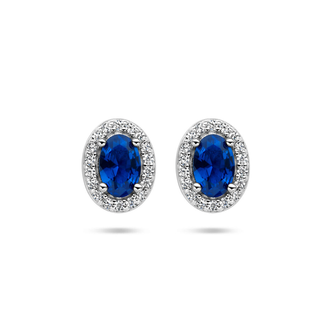ear studs blue and white zirconia halo silver rhodium plated