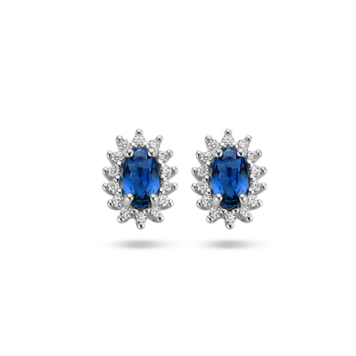 ear studs synth. sapphire and zirconia halo silver rhodium plated