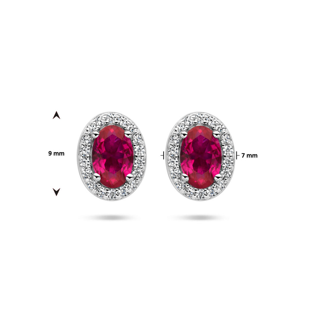 ear studs red and white zirconia halo silver rhodium plated