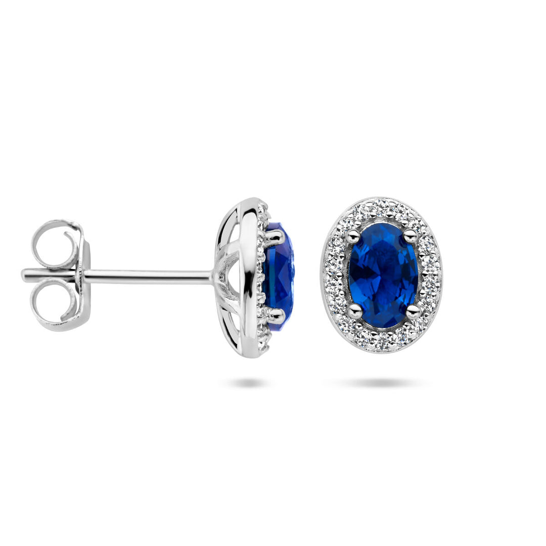 ear studs blue and white zirconia halo silver rhodium plated