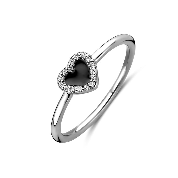 ring heart, zirconia and black enamel halo silver rhodium plated