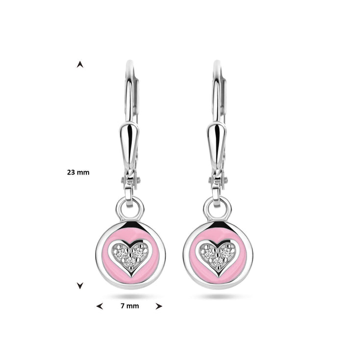 earrings heart zirconia and pink enamel brisur hook silver rhodium plated