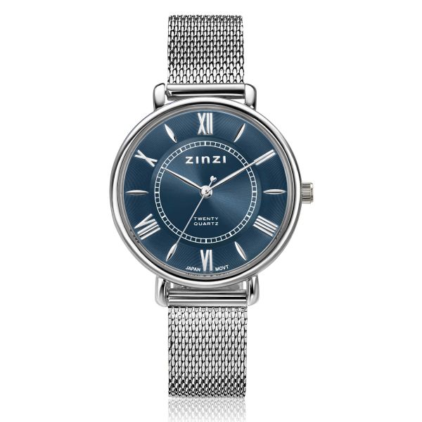 Het Zinzi zilverkleurige Horloge Ziw2053 is een dameshorloge met een zilveren meshband, een blauwe wijzerplaat, Romeinse cijfers en het Zinzi-merk. Het heeft een Japans uurwerk, een minimalistisch ontwerp en een enkele kroon aan de rechterkant.