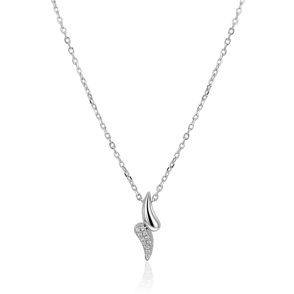 De Zinzi ketting ZIC2681 (40-45cm) van Zinzi heeft twee abstracte vleugelvormige hangers, een gladde en een versierd met fonkelende stenen, gemaakt van sterling zilver.