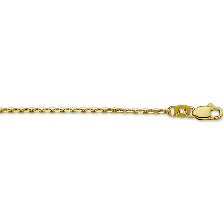 Een close-up van het Van der Kooij Collectie collier anker gediamanteerd 1,6 mm in 14K geelgoud met een karabijnsluiting, weergegeven op een witte achtergrond - een tijdloos unisex sieraad.