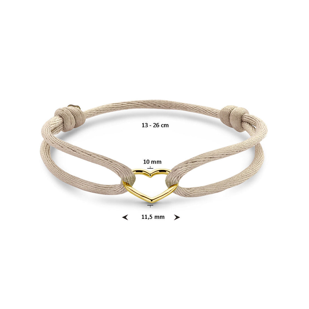 Van der Kooij Collectie armband satijn beige hart (13-26 cm) met een 14K gouden hartbedel, vervaardigd uit rubber, nylon en leer; ideaal als valentijnscadeau.