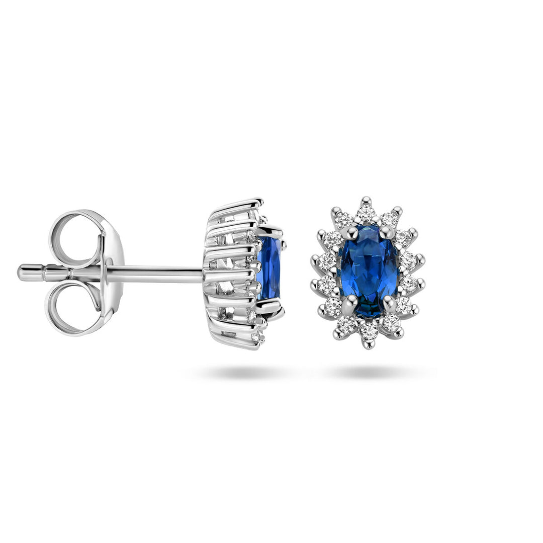 ear studs synth. sapphire and zirconia halo silver rhodium plated