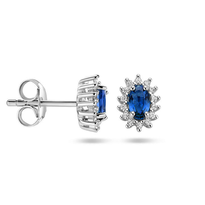 ear studs synth. sapphire and zirconia halo silver rhodium plated