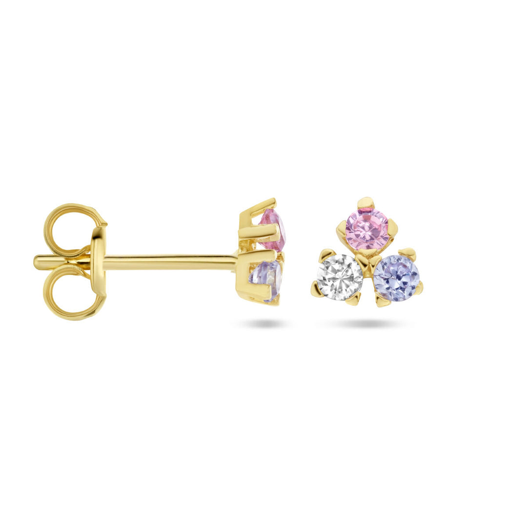 ear studs blue, pink and white zirconia 14K yellow gold