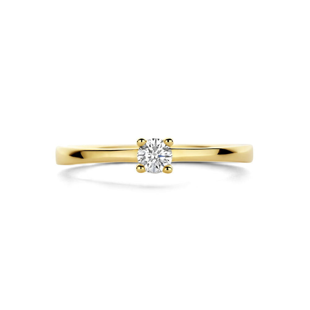 Van der Kooij Collectie ring diamant 0.15ct H SI in 14K geelgoud, solitaire ronde diamant in een vierpoots zetting tegen een witte achtergrond.