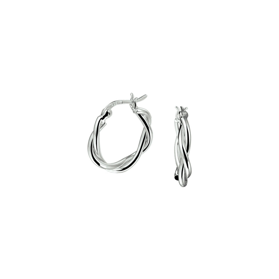 Een paar Van der Kooij Collectie oorringen gedraaide buis zilver gerhodineerd met een gedraaid, gevlochten design en scharniersluiting, tegen een effen witte achtergrond.
