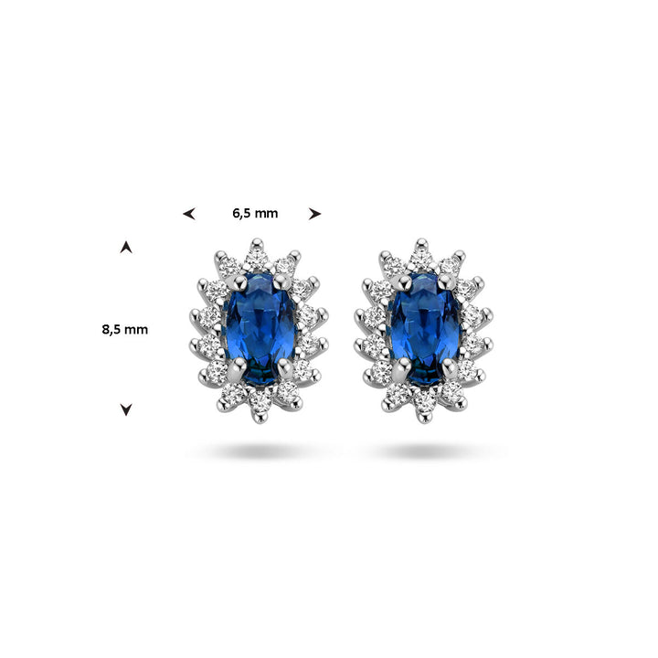 ear studs synth. sapphire and zirconia halo silver rhodium plated