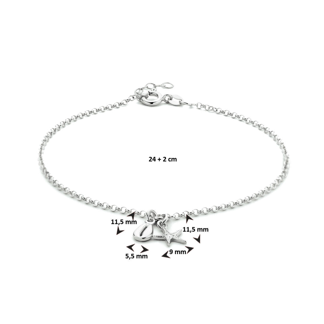 enkelbandje schelp en zeester 24 + 2 cm zilver gerhodineerd