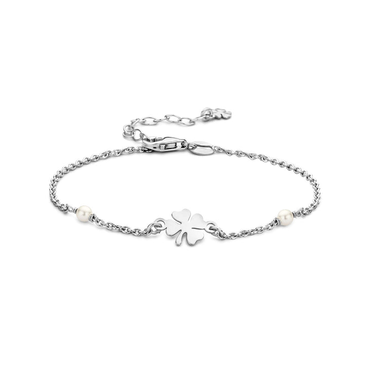 bracelet synth. pearl and clover 16 + 3 cm silver rhodium plated