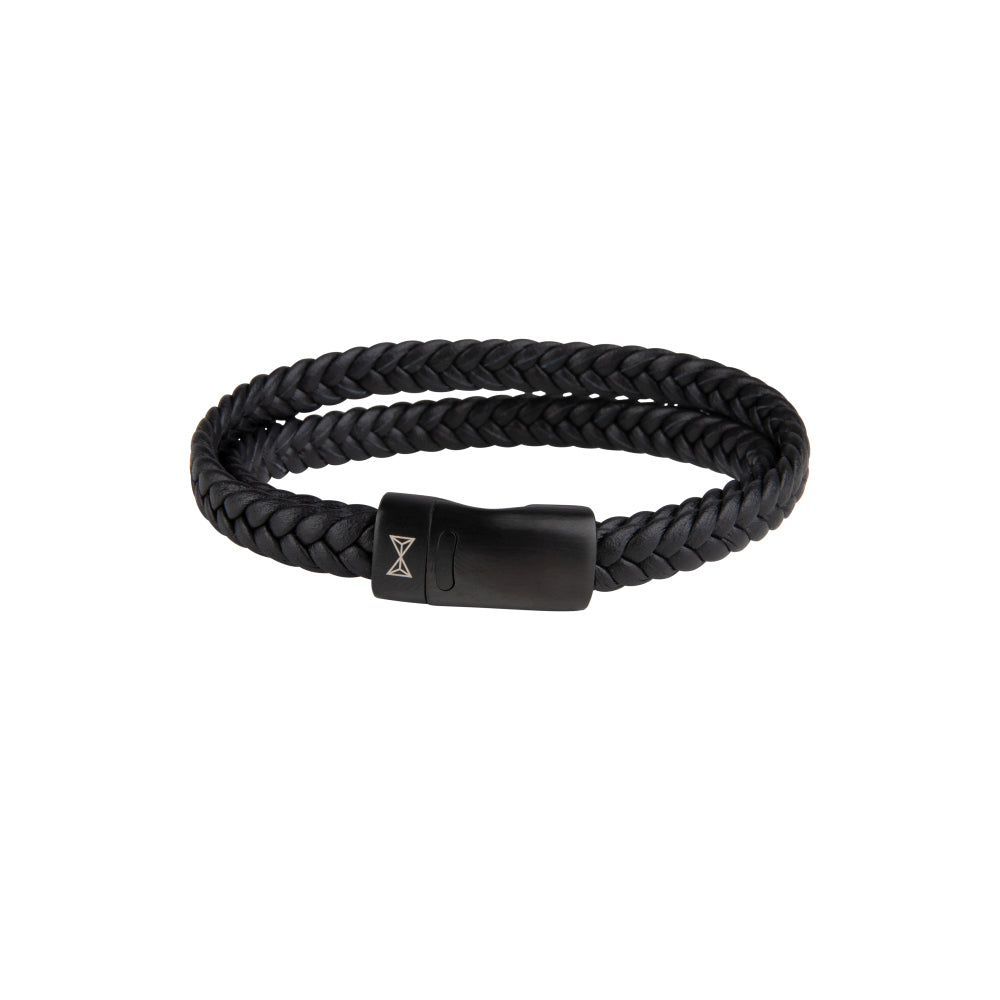 Leather bracelet men - Double Flat String Black-on-Black
