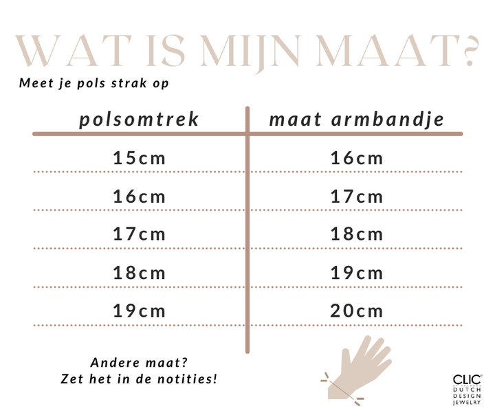 Een gedetailleerde Nederlandse maattabel voor de Thinking of You armband Aquamarijn zilver A721B van CLIC Creations. Het geeft een polsomtrek (polsomtrek) van 15 cm tot 19 cm en past bij armbandmaten van 16 cm tot 20 cm. Aangepaste maten zijn op aanvraag beschikbaar.