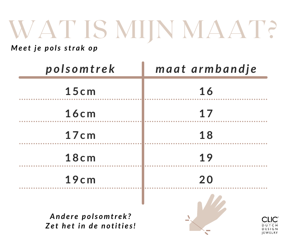 Een schema voor de Armband Vier bogen mat|glans A32 van CLIC Creations geeft de armbandmaten weer op basis van polsomtrekken van 15 cm tot 19 cm, met bijpassende maten van 16 tot 20. Tekst: Meet je pols strak op en Andere polsomtrek? Zet het in de notities! Handgemaakt in Nederland met magnetische sluiting.