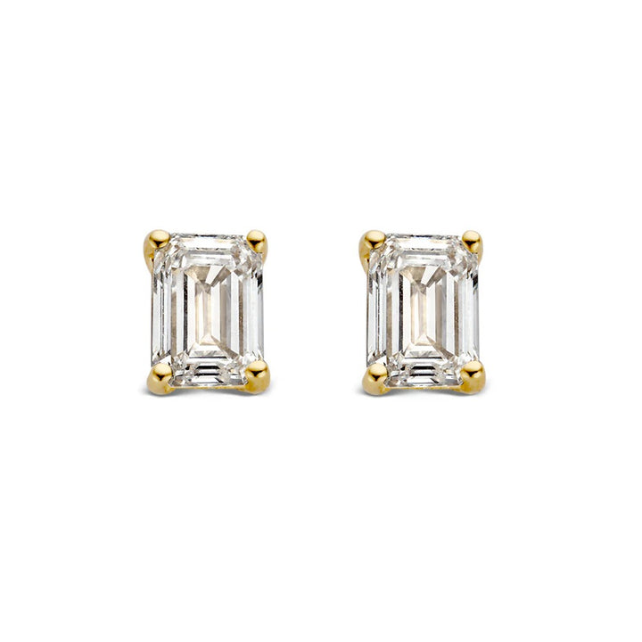Oorstekers Nora 0,50 crt. van Aurore Jewelry, elegante solitaire oorstekers met diamanten in geelgouden zetting, getoond op een witte achtergrond.